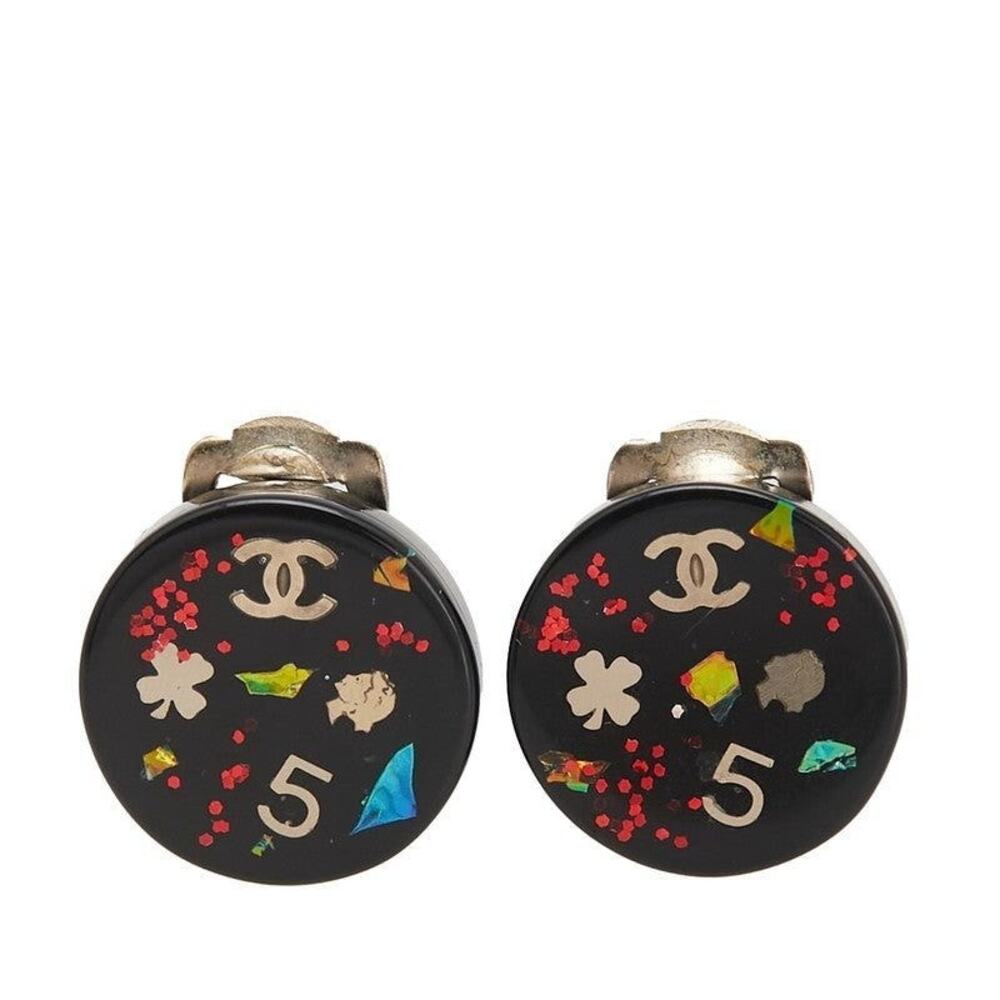 Chanel CC Logo Mademoiselle Clover Round Plastic Earrings Multicolor